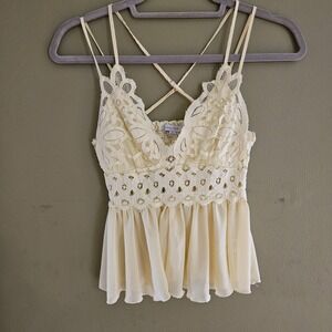 Love Tree Top Women's Small Spaghetti Strap Tank Yellow Floral Lace Pattern Crop